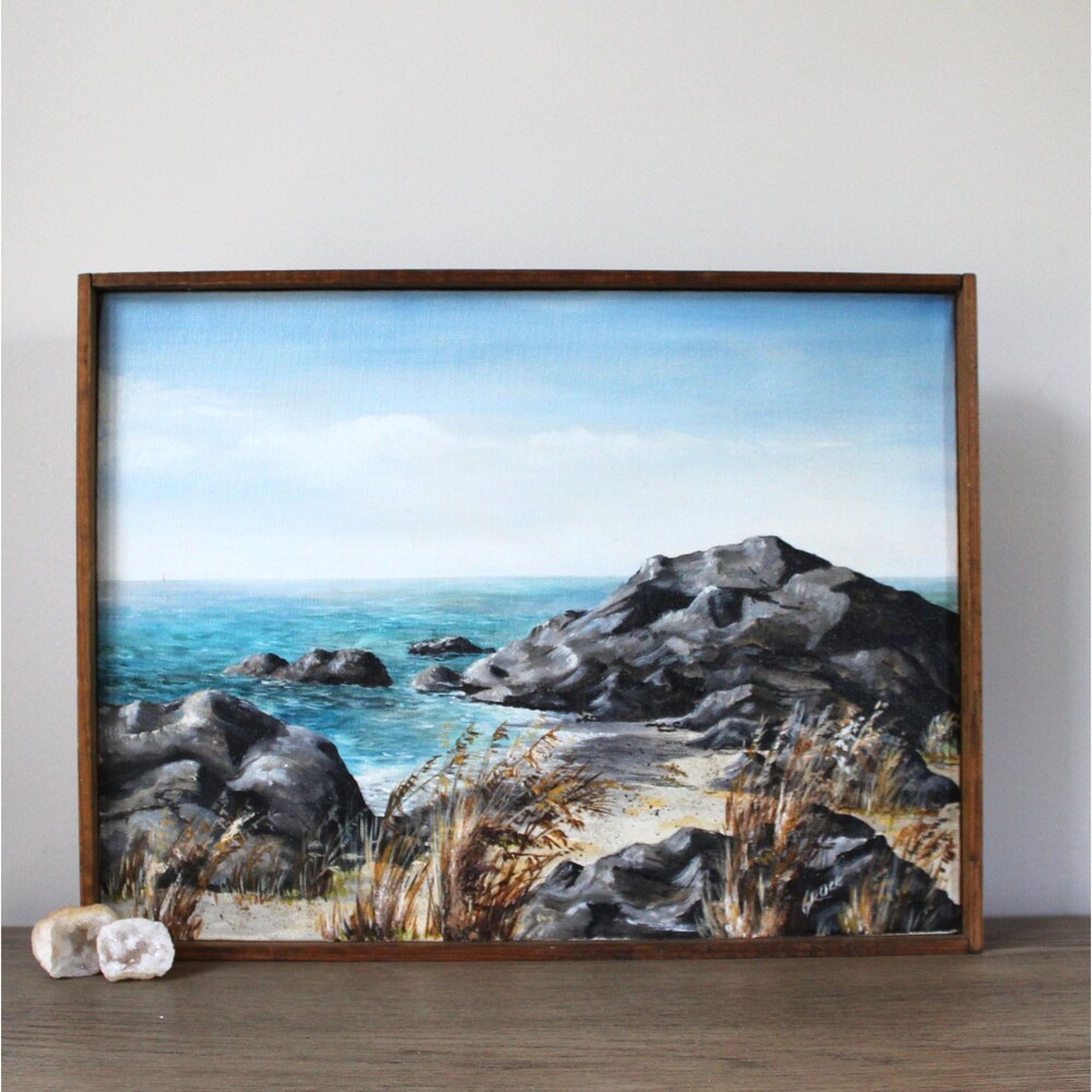 Vtg Framed Seascape Painting on Canvas Beach Ocean Signed Artwork Coastal Decor